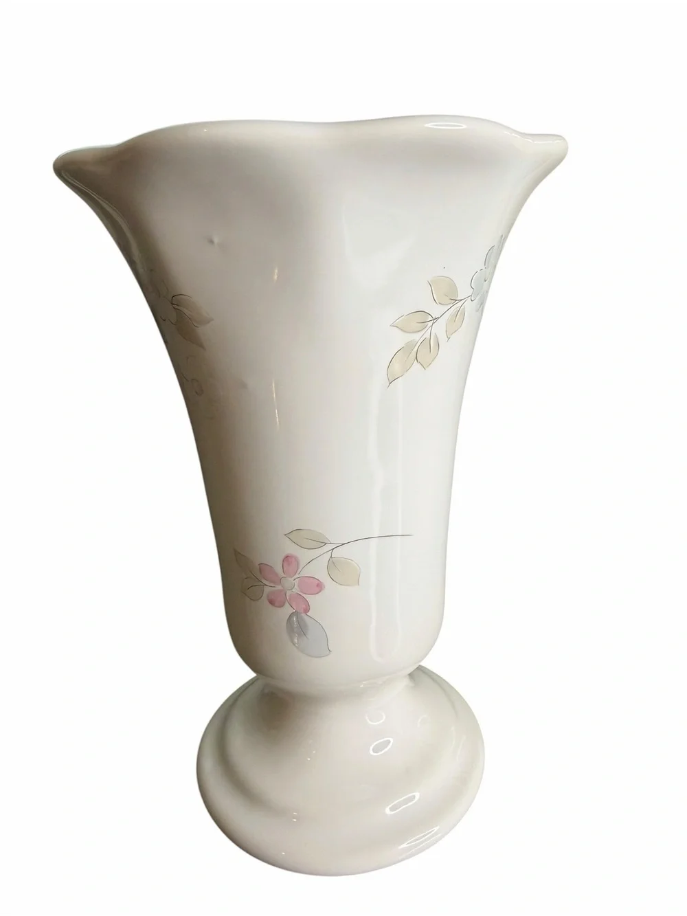 Pfaltzgraff USA Wyndham Floral Stonewear Vase Pink Blue Flowers Scalloped Rim 7”